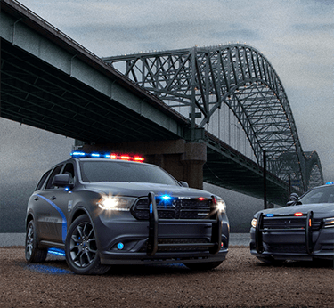 Two Dodge police cars next to a large bridge