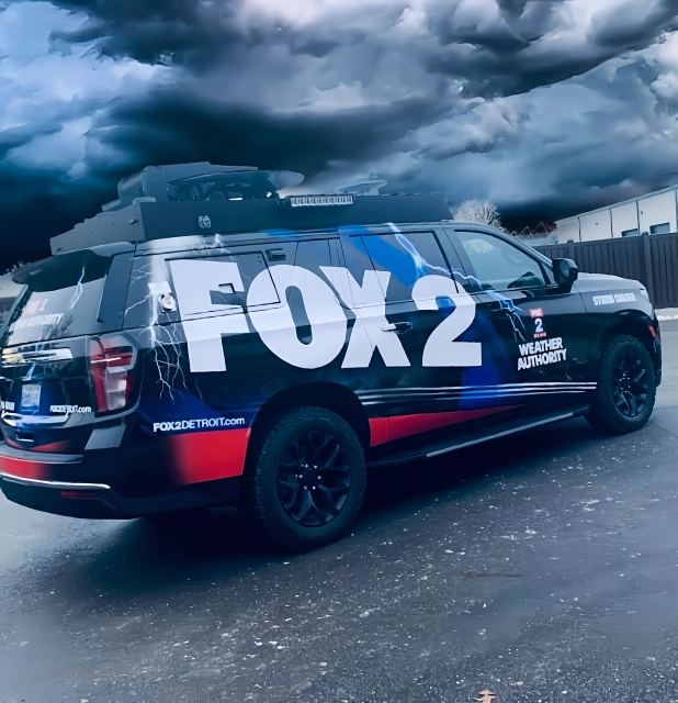 An image of a FOX 2 media van with the logo car wrap