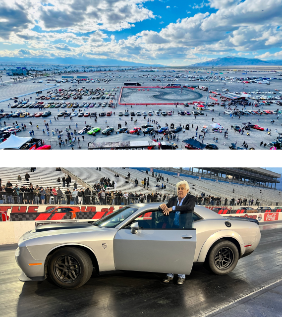 Aerial view of cars on display at Las Vegas Motor Speedway and Jay Leno standing next to an SRT Demon 170