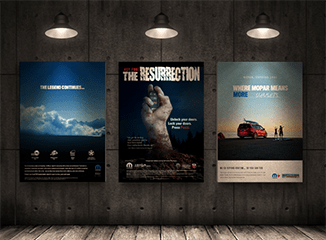 Three Mopar advertising posters hung on a wall