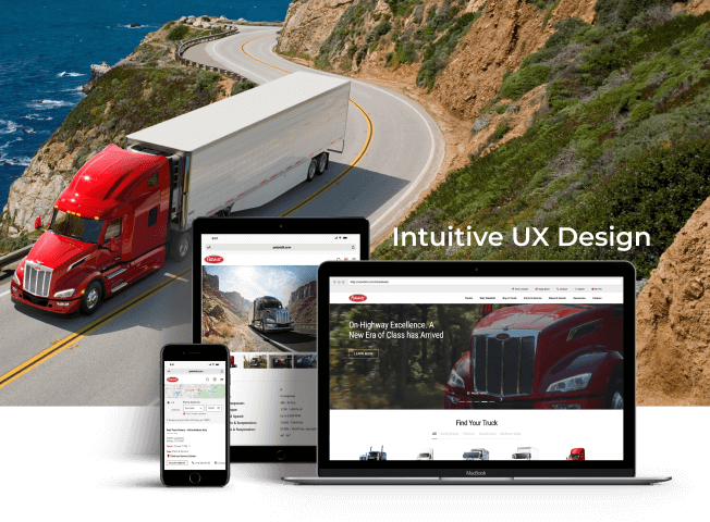 Peterbilt website on devices overtop a Peterbilt truck driving on a seaside road.