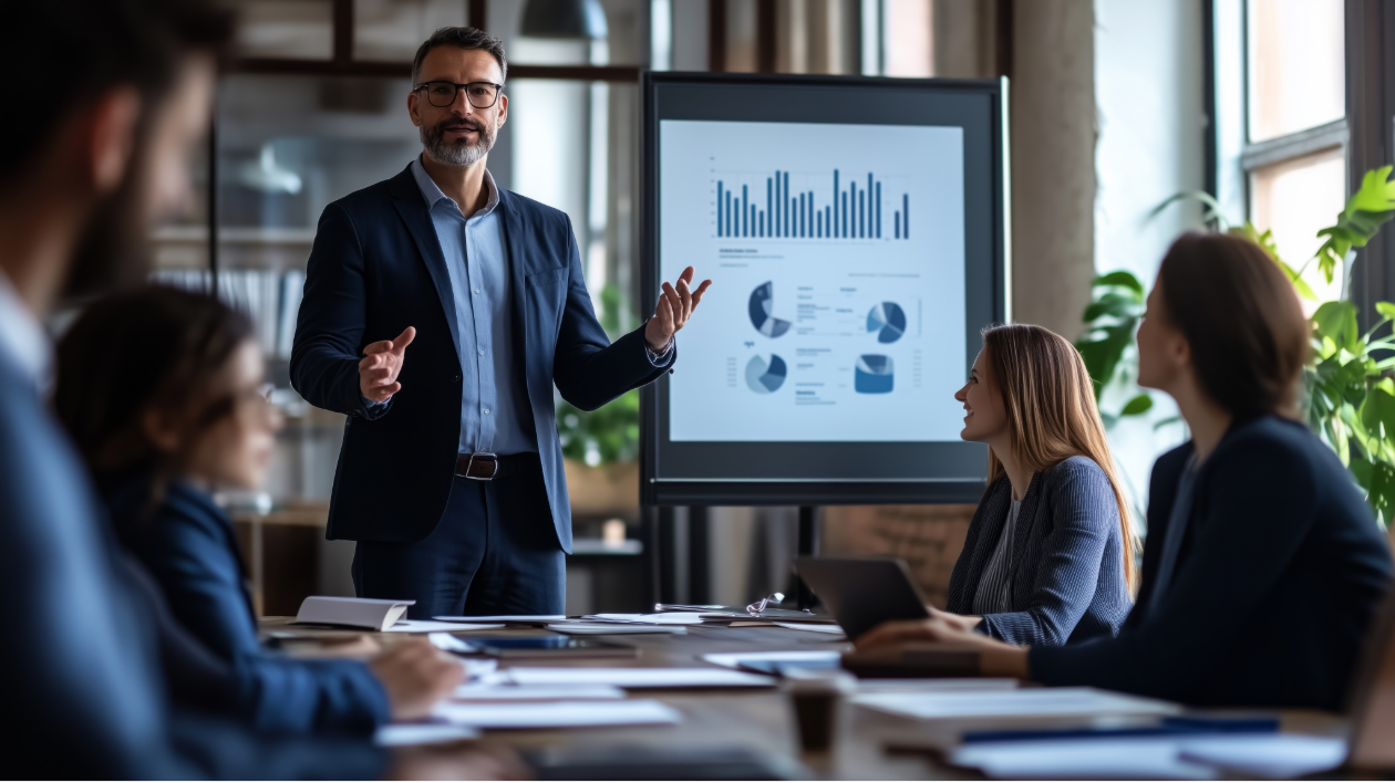 A man wearing professional attire stands aside a monitor with charts and graphs, chatting with coworkers in a conference room.