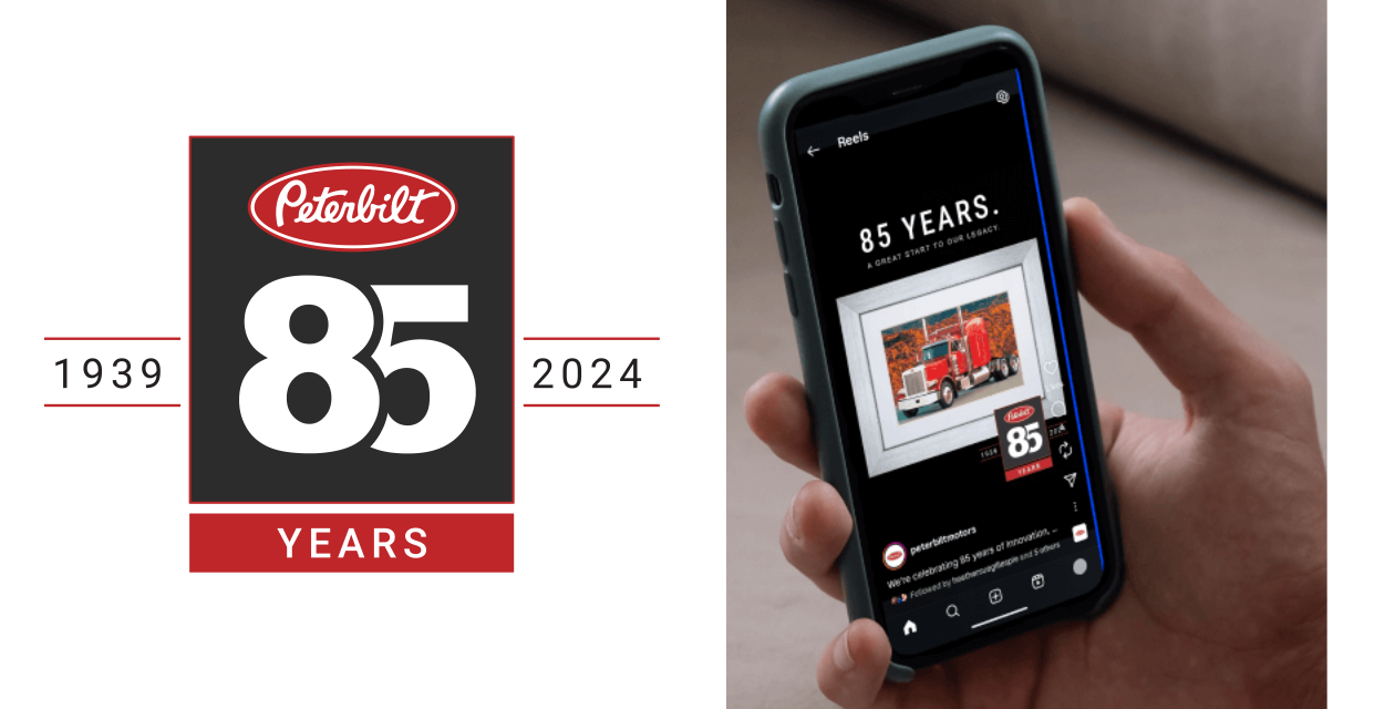 Samples of the Peterbilt 85th Anniversary logo and various digital applications are shown, with a hand holding a mobile device in one example