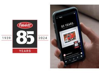 Samples of the Peterbilt 85th Anniversary logo and various digital applications are shown, with a hand holding a mobile device in one example