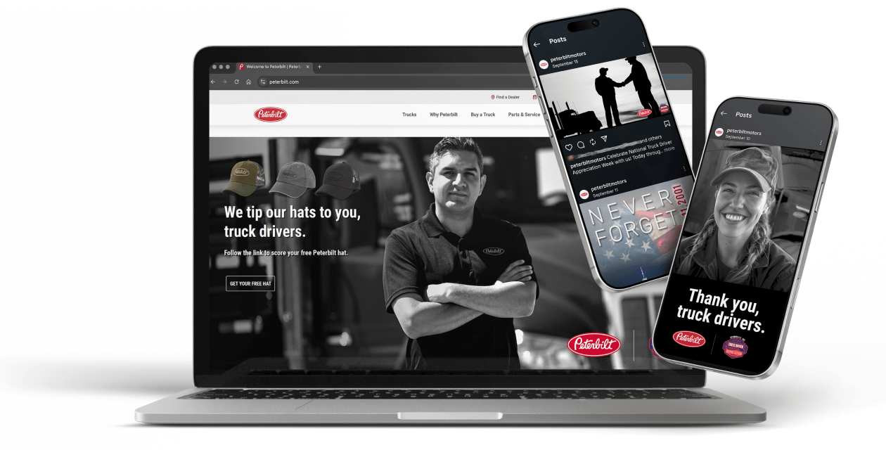 A collage of examples of digital communications, shown on a desktop and mobile devices. Items appear monochromatic except for the red Peterbilt logo.